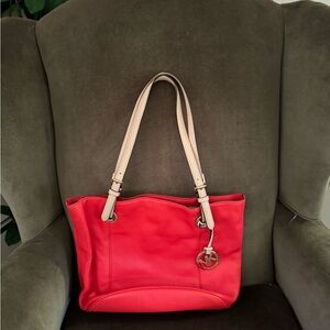 Red Michael Kors Tote Bag with Tan Handles. Excellent condition!